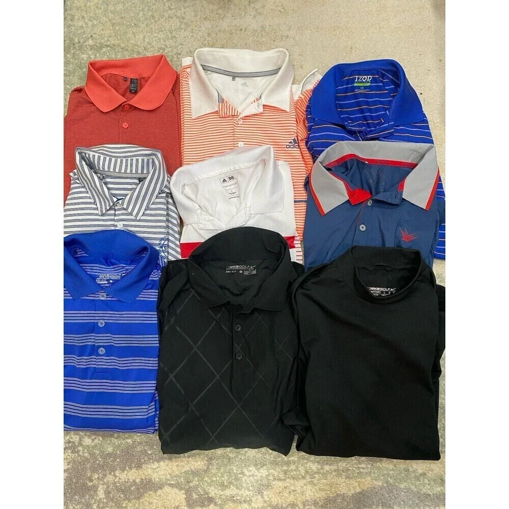 Lot (9) GOLF POLOS - Adidas, Izod, Nike - Size Large - Nike Golf Mock Neck
